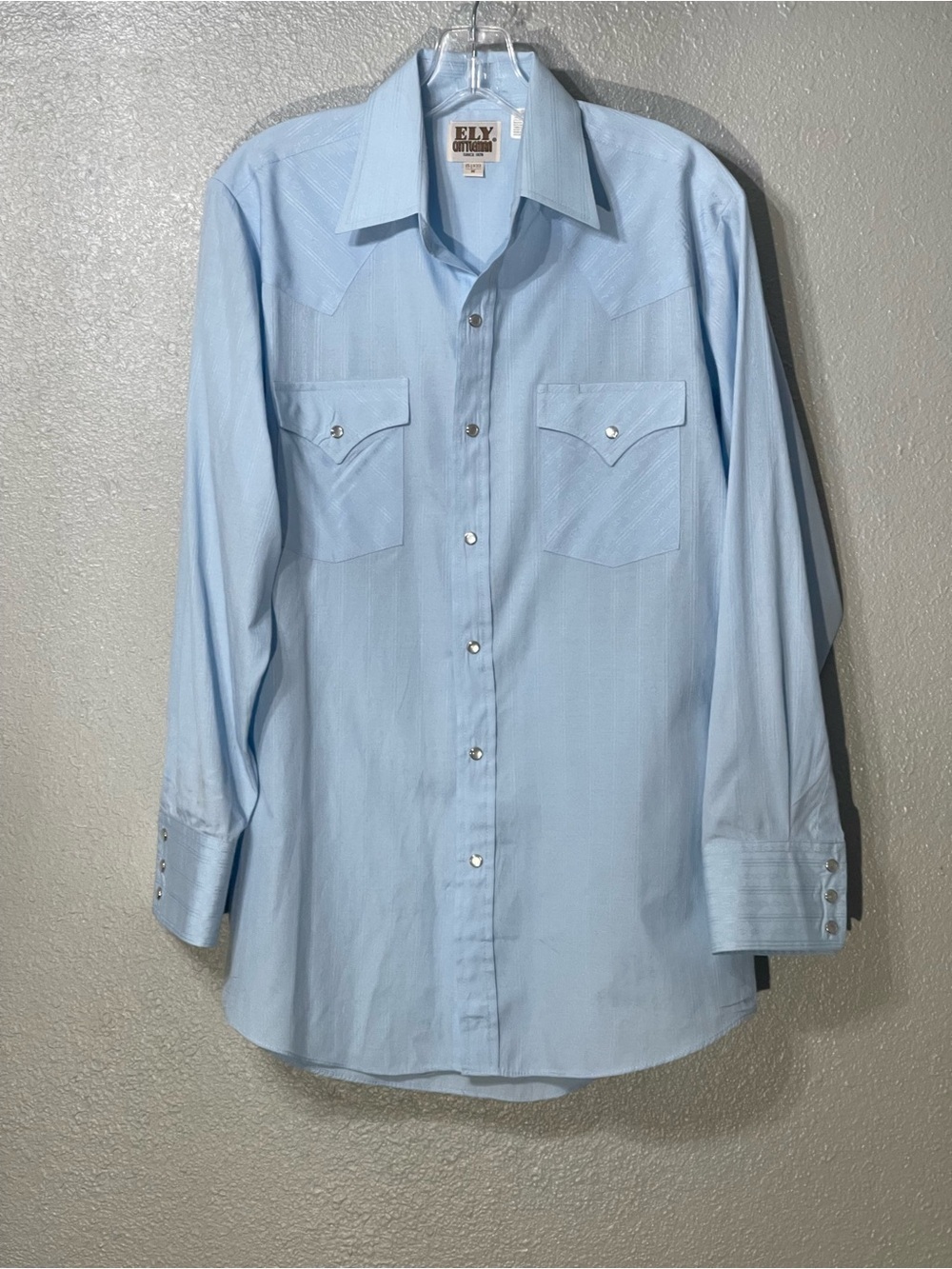 ELY Cattleman Blue Simple Long Sleeve Pearl Snap - Size Medium